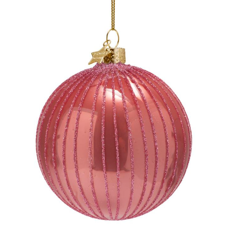 Kerstbal Rond orange copper Glitter streep