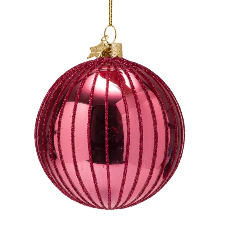 Kerstbal Rond burn pink Glitter streep