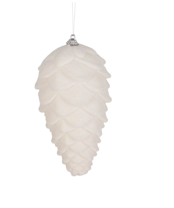 kerstbal Dennenappel flock Wit
